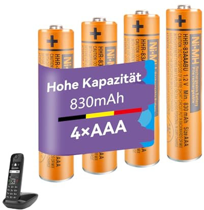 Lot de 4 Piles Rechargeables 1,2V AAA 830mAh pour Gigaset téléphone Fixe sans Fil, Ready-to-Use Batterie NiMH pour téléphone sans Fil Panasonic