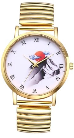 JewelryWe Herrenuhr Gold Elastische Uhren: Sonne und Berg Analog Quarz Armbanduhr Herren Edelstahl Stretch Armband Lässige Uhr mit Zugarmband und Römischen Ziffern