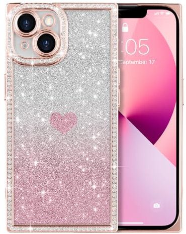 ROSEHUI for iPhone 13 Case for Women Girls,Cute Love Heart Pattern, Electroplated Luxury Glitter Bling Diamond Clear Rectangle Case,Full Camera Protective Shockproof Soft TPU Cover-Rose Gold