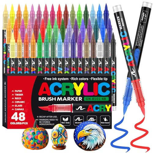 Funnasting 48 Couleurs Feutre Acrylique, Tête de Brosse Douce Marqueur Peinture Acrylique pour Coloriage, Verre, Tissu, Oeuf, Pétroglyphes et Bricolage Arts & Crafts Fournitures
