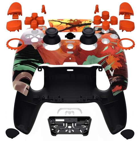 eXtremeRate Re-Design Luna Full Case Gehäuse Set kompatibel mit ps5 Controller BDM-030/040/050, DIY-Ersatz Hülle Faceplate/Back Shell/Sticks Tasten Zubehör für ps5 Controller-Flammender Ahorn