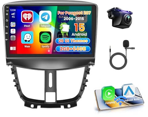Roinvou 2+64G Autoradio Android pour Peugeot 207 2006-2015 avec CarPlay sans Fil Android Auto, 9 Pouces Écran 2 DIN Radio MirrorLink avec Wi-FI GPS Bluetooth EQ FM/RDS SWC Caméra de Recul