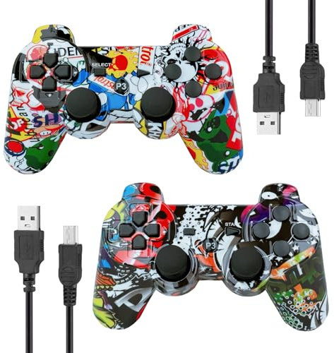 eSeunLau Manette de jeu Bluetooth sans fil, détection de mouvement, avec joysticks améliorés, pour jeux PC PS-3, câble USB, lot de 2 (Tribal Street Art)