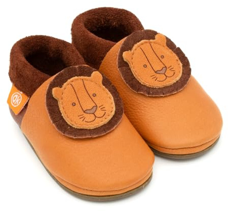 Orangenkinder Amigo KITA Hausschuhe - Kinder Barfußschuhe mit Tiermotiven aus Bio-Leder; Atmungsaktive Lauflernschuhe mit rutschfester Gummisohle für Jungen und Mädchen
