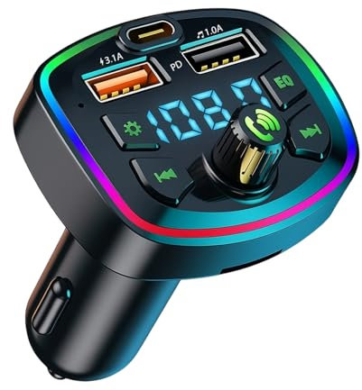 Supecesorio Transmisor FM Bluetooth, adaptador manos libres, 2 puertos USB+C, MP3, cargador rápido, radio de audio, inalámbrico, compatible con TF y U盘, luz