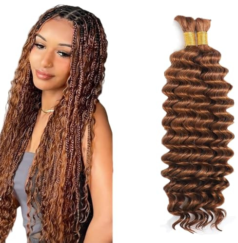 Tuheerst Human Hair Braiding 34 34 Inch #30 Light Brown Color Deep Wave Knotless No Weft Boho Braids Human Hair Extension 50g/Bundle Total 100g