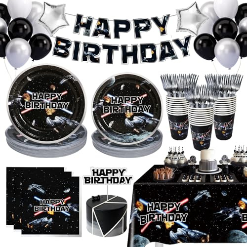 Space Battleship Wars Lightsaber Birthday Party Decorations,25 Guests Star Galaxy Universe Cardstock Plates | Napkins | Cups | Forks | Tablecloth | Banner | Balloons | Cake Topper for Boys Kids