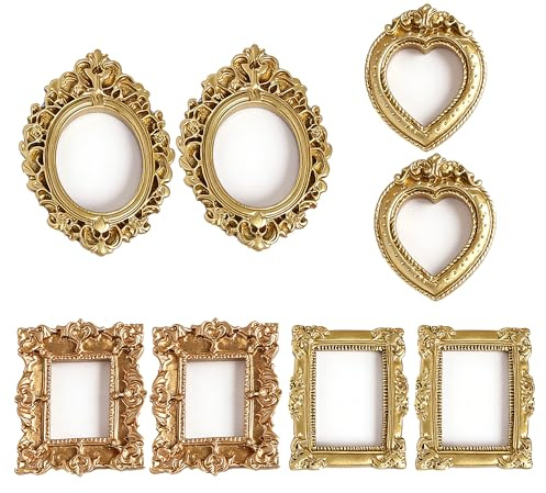 Yuwnd 8er-Set Mini Bilderrahmen Vintage, Mini Bilderrahmen Gold für 1,6-2,2 Zoll Fotos, Robustes Harz, Antiker Look, Ideal für Tischdeko Oder Geschenk
