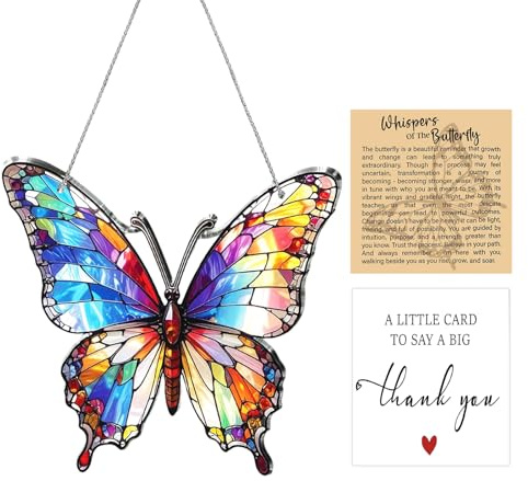 Butterfly Gifts for Women Colorful Acrylic Suncatcher for Windows Suncatcher Garden Ornaments with Greeting Card for Home Decoration Stained Glass Style Window Hanging with Story Card