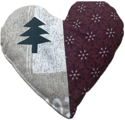 Kirschkernkissen in Herzform, Weihnachtliches Design mit Tannenbaum und Blumenmuster, Rot und Beige