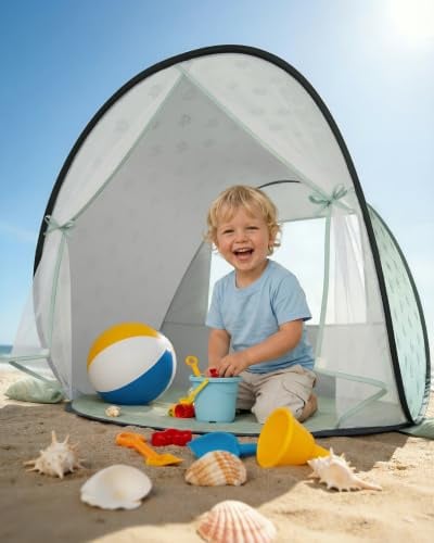 Strandmuschel Pop-Up Baby & Kinder - Strandzelt Windschutz (Grün) | UV-Schutz UPF 50+, automatischer Aufbau, inkl. Tragetasche & Heringe, Sommer Must-Have
