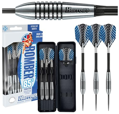 Harrows Bomber Darts-Set mit 85% Wolframstahlspitze, 21 g, 23 g, 25 g und 27 g – inklusive hochwertiger Schäfte, aerodynamischer Flights und Reiseetui