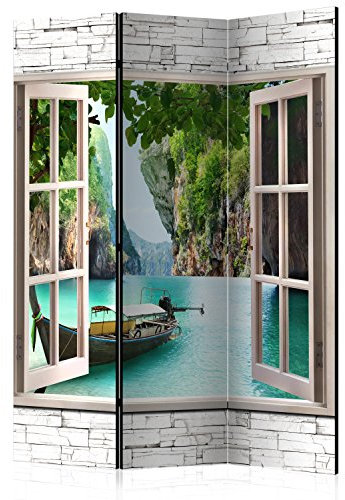 RAUMTEILER/PARAVENT B&D XXL - Paravent Raumteiler Innen Fensterblick Fenster Landschaft 135x172 cm 3-teilig Einseitig Raumtrenner Raum Trennwand Holz Room Divider Spanische Wand blau beige