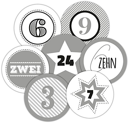 Frau WunderVoll® 24 Adventskalenderzahlen XL Aufkleber GRAU, Durchmesser 6 cm/Sticker, Weihnachten, Adventskalender, DIY Kalender, Kindergeburtstag, Aufkleber Kinder,Junge, Mädchen