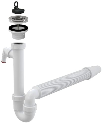 AlcaPlast Spülbecken Ablaufgarnitur Ablaufventil 60-90mm Röhrensiphon 1,5' mit Geräteanschluß, Verschluss:ø70mm