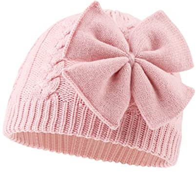 XIAOHAWANG Baby Mütze Mädchen Strickmütze Kinder Wintermütze Warm Kindermützen Mit Schleife (Rosa, Gr.S(0-6Monate)