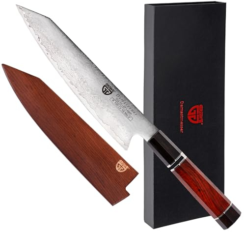 GRÄWE Damastmesser Signature, Großes Messer aus Damaststahl, Super Scharf, Damaszener Santokumesser, Damast Küchenmesser, 35 cm Lang, Kochmesser mit Geschenkbox, Dunkelbrauner Griff