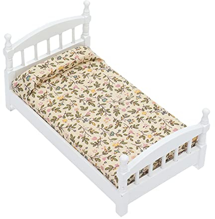 Dilwe 1:12 Puppenhaus Bett, Holz Miniatur Puppenhaus Bett Puppenhaus Spielhaus Spielzeug für Schlafzimmer Möbel Spielzeug Kinderspielzeug