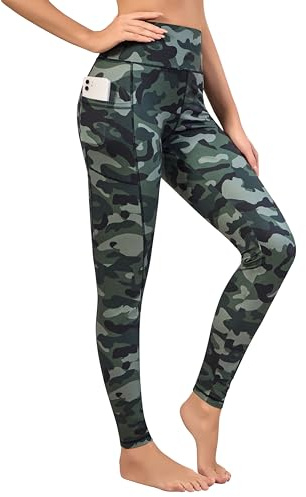 Love My Fashions® Leggings da donna a vita alta, tinta unita e stampati, con 2 esterni e 1 tasca interna, traspirante, Stampa mimetica verde militare, L