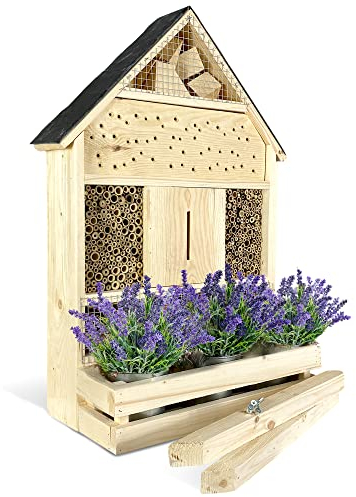 GARTENETAGE Stehendes Insektenhotel XXL mit Schieferdach und Pflanzenoase Lavendel - inkl. Anzuchtset/Naturbelassenes, massives Insektenhaus & Bienenhotel/Insektenhotel zum Aufstellen