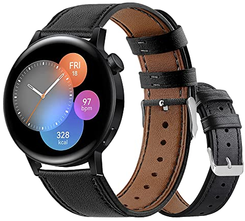 Armbänder Leder Uhrenarmband für Huawei Watch GT3 42mm Leder mit Metallschnalle aus Edelstahl Armband für Herren Damen, Lederarmband für Huawei Watch GT3 42mm (Schwarz,20mm)