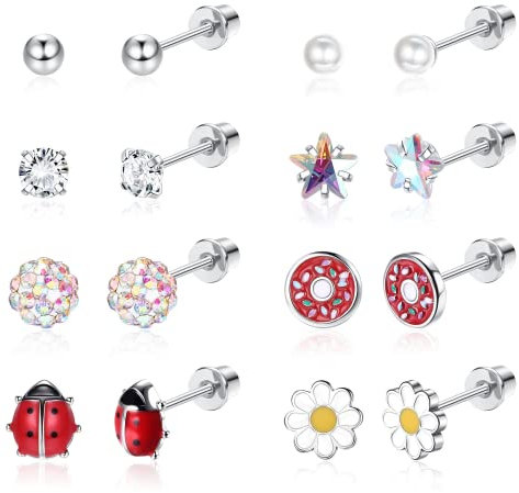 CASSIECA 8 Paia Orecchini Bambini Ipoallergenici per Donne Ragazze Acciaio Inossidabile 316L CZ Cuore Vite Posteriore Orecchini a Bottone Fiore Stella Perla Orecchini Set