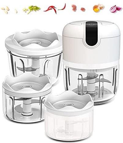 Mini hachoir sans fil 3 tasses blanc pour ail, noix, viande (100 + 250 + 350 ml)