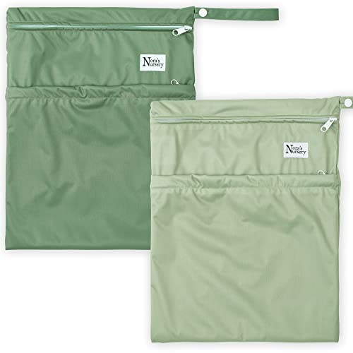 Nora's Nursery Nassbeutel mit 2 Reißverschlusstaschen – Wiederverwendbarer, Waschbarer Wetbag für Schwimmen, Reisen, Strand, Kita, Stoffwindeln, Toilettenartikel – 28 x 38 cm – Garten – 2 STK.