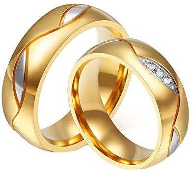 Homxi Gravur Ehering,Ring Edelstahl Goldring 6MM mit Rund Poliert Zirkonia Trauring Paar Damen 54 (17.2) + Herren 67 (21.3)