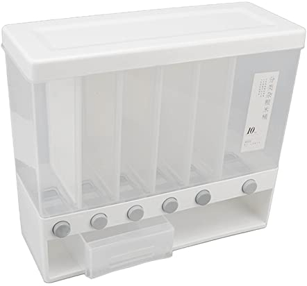 Rice Dispenser, Wall Mounted 6 Grid Press Cereals Dispenser Grain Storage Container with Measuring Cup for Beans Pet Food Corn and Coffee, 10L