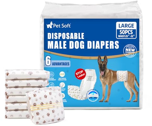 Pet Soft Dog Nappies Male-Disposable Male Dog Wraps 50 Counts, Super Absorbent Puppy Dog Diapers Incontinence Nappy Wraps with Wetness Indicator (L-50 Count)