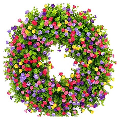 45cm Türkranz, Frühling Sommer Wildblume Kranz Dekorative Girlande für Haustür, Große künstliche Eukalyptus Kränze mit Blumen für Bauernhaus Tür Wand Wohnzimmer Flur Hochzeit Dekoration (Bunt)