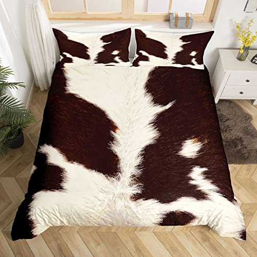 Cuir de Vache Housse de Couette 220x240,Vache Blanche Et Brune Imprimée Parure de Lit pour Garçons Filles Homme Femmes,Peau de Taureau Ensemble de Literie,Peau d'animal de Ferme Housse Couette