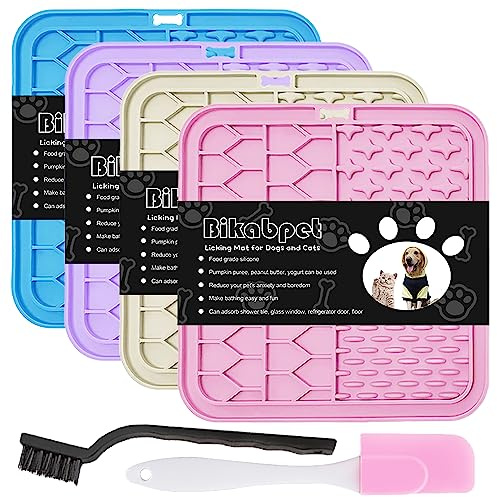 Bikabpet Lick Mat for Dogs and Cats,Cat Licking Pad with Suction Cups for Dog Anxiety Relief,Dog Peanut Butter Lick Pads for Dogs Perfect for Bathing Grooming,Slow Feeders for Dogs and Cats,4Pack