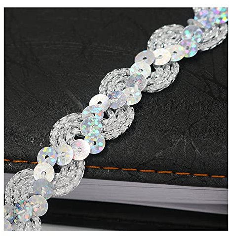 Yurosiay 15m×1.5cm Paillettenband Glänzende Geflochten Paillettenborte Wellig Dekoband Pailletten Zierband Bunt Paillettenband zum Aufnähen Paillettenbesatz für DIY Nähen Handwerk Silber 1#