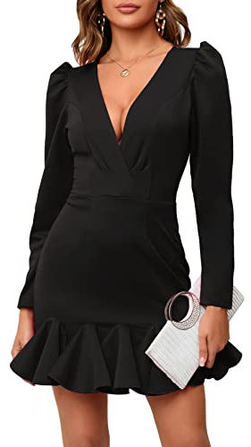 VERWIN Women's V Neck Gigot Sleeve High Waist Midi Dress With Ruffle Hem - Bodycon Mini Prom XL Black