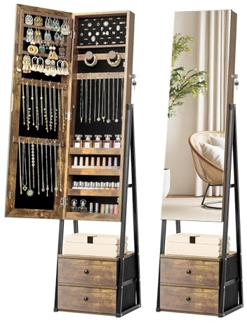 Nicetree Jewelry Cabinet Armoire with 2 Drawers, Lockable Standing Jewelry Mirror Cabinet, Full Length Mirror with Jewelry Storage, Rustic Brown
