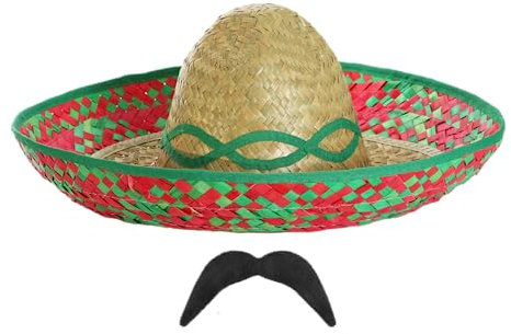 I LOVE FANCY DRESS Juego de disfraz mexicano de sombrero y tash – Paquete de 3 – Sombrero de paja verde y bigote mexicano negro – Juego de accesorios de disfraz de fiesta de México