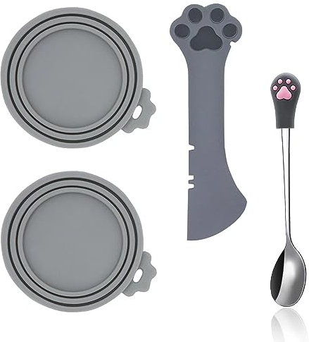 SJANE Cat Food Can Spoons & Can Lids | 4 Pcs | Multi-function Can Opener | Silicone Pet Food Can Covers | Stainless Steel Wet Food Spoon for Cats and Dogs(Grey)
