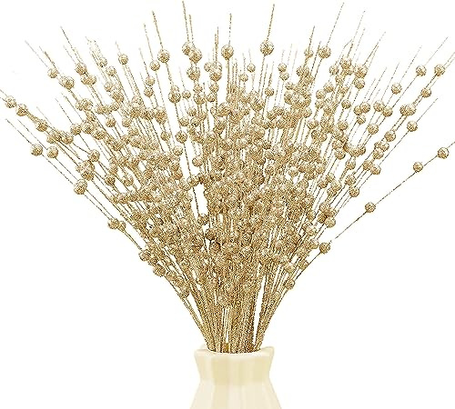 Wambere 6 Stück 43 cm Künstliche Blume Weihnachtsbeerenzweig Dekoration Weihnachtsdekorationen Beerensträuße Christmas Ornaments Weihnachtsschmuck Hochzeitsdekoration Partydekoration,Champagner Gold