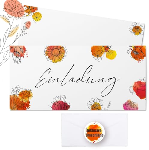 Laurea Verde 25 Einladungskarten für Hochzeit, Geburtstag, Konfirmation, Kommunion, Feiern | mit Umschlag | DIN lang 21,0 x 10,5 cm | **NEUES DESIGN: Flower Power**