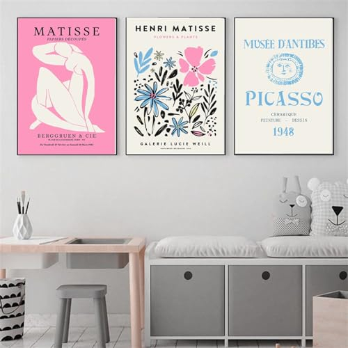 Yangld Vintage rosa blau Matisse Picasso Blumenmarkt William Morris Poster Leinwand Malerei Wand Kunstdruck Bild Raumdekoration 50 x 70 cm – 3 Stück rahmenlos