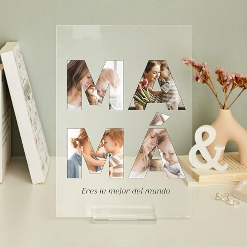 Transparent Gift Placa Personalizada con Fotos en Letras Mamá y Texto. Regalos Originales para Día de la Madre, Cumpleaños. Regalos Personalizados para Mujer, Madres. Placas Metacrilato Transparente V