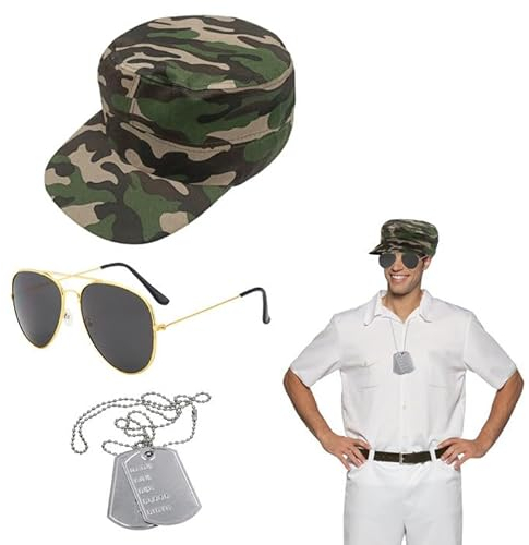 SKHAOVS 3 Stück Flieger Captain Kostüm Set Armee Taktische Militärmütze Camping Accessoires Camo Hüte für Männer Sonnenbrille Erkennungsmarke für Zubehör Halloween Party Kostüm Dress up