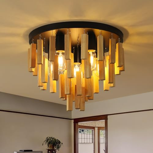 Holz Deckenlampe Boho, 40Cm Rustikales Vintage Massivholz Deckenleuchte Dekor Lampe Wohnzimmer Eiche E27 Deckenlampe Wohnzimmer FüR Schlafzimmer, Flur, Esszimmer, Bauernhaus, Eingangsbereich, Foyer
