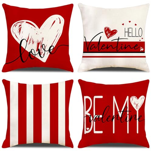 GYISANA 4er Set Dekorativ Kissenhülle Baumwolle Leinen Kissenbezug Dekokissen Sofakissen für Couch, Auto, Schlafzimmer 45x45 cm (Valentinstag)