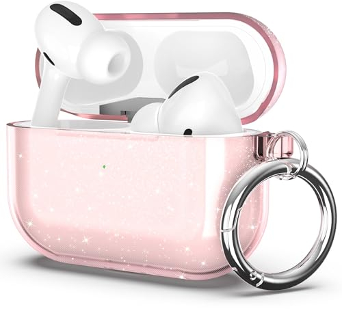 ULAK AirPods Pro Hülle, Durchsichtig Stoßfest Hülle Dünn Schutzhülle mit Karabiner Transparent Ladecase für Apple AirPods Pro 2022 / Airpods Pro 2019 (LED an der Frontseite Sichtbar) - Rosa Glitzer