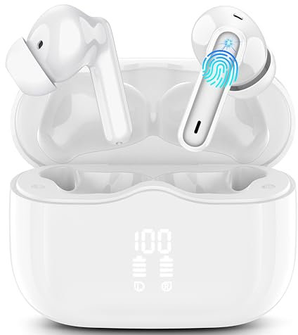 Auriculares inalambricos Bluetooth, Auriculares Bluetooth 5.3 con 4 HD Mic, ENC Cancelación de Ruido, 40H Sonido Envolvente Cascos Inalámbricos Bluetooth, 13.3 mm Controlador Dinámico, USB-C, Blanco