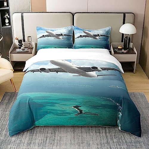 Loussiesd Flugzeug 100% Baumwolle Bettwäsche Set 135x200cm Flugzeug Bettbezug Set Baumwolle Flight Bettbezug Set Helicopter Flying Plane Betten Set Travel Decor Teal Blau Bettwäsche-Set