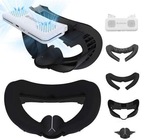 HiBloks Face Cover Pad with Cooling Fan for Meta Quest 3 Accessories, 2Pcs Face Cushion Cover Compatible with Oculus Quest 3 Fan Cooler, Replacement Facial Interface Relieve Lens Fogging (2 Speeds)